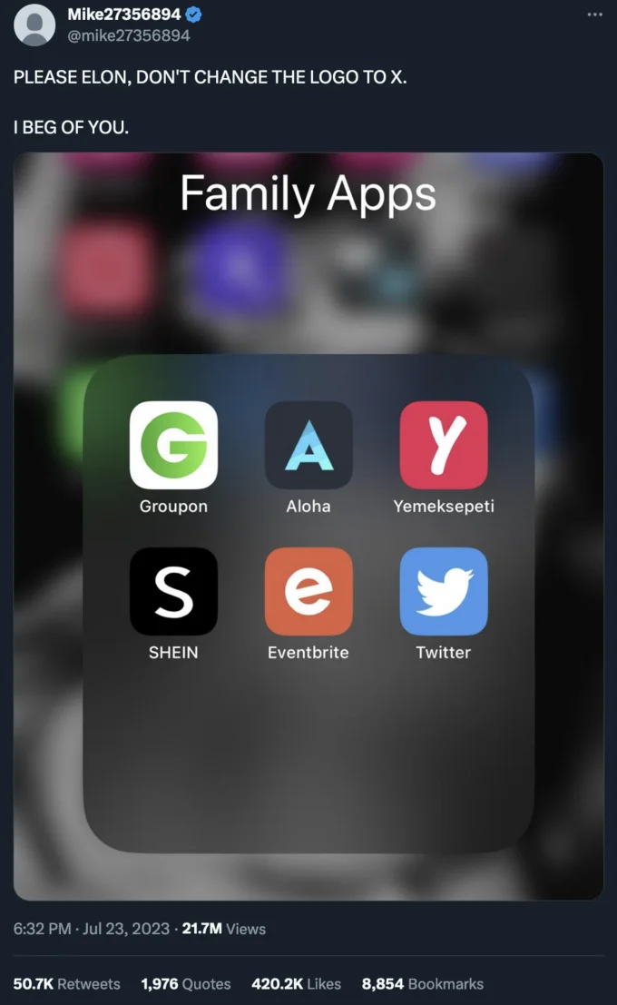 Twitter/X Rebrand Memes — Screenshot of tweet begging not to change logo with phone home screen family folder.