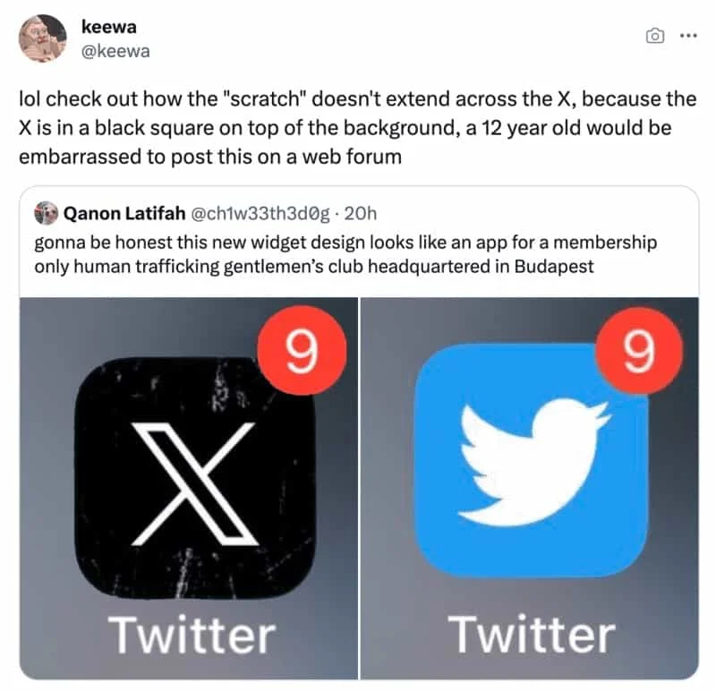 Twitter/X Rebrand Memes — Twitter post comparing X logo with bird logo about scratch design not extending.
