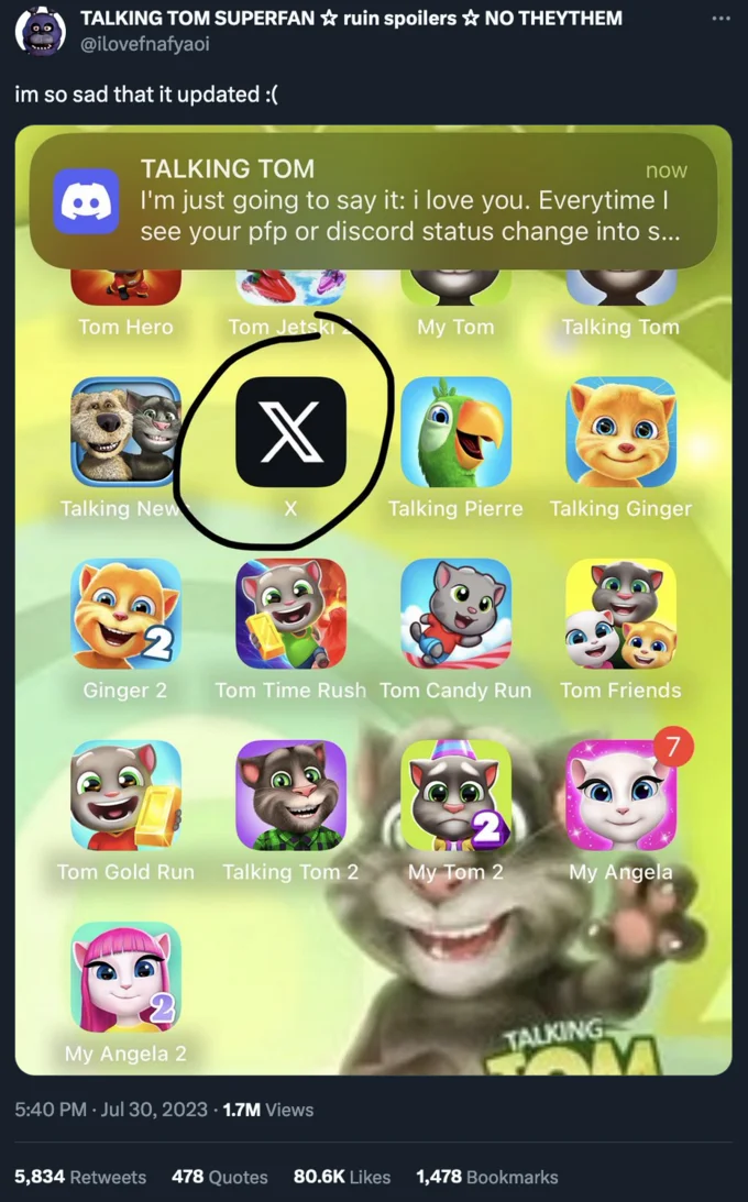 Twitter/X Rebrand Memes — Talking Tom app grid interface with large X symbol instead of Twitter bird.