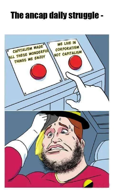 Two Buttons — Political satire about ancap struggle with capitalism benefits.