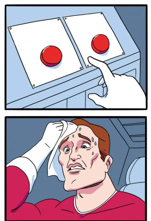Blank Two Buttons meme template with red buttons and sweating man.