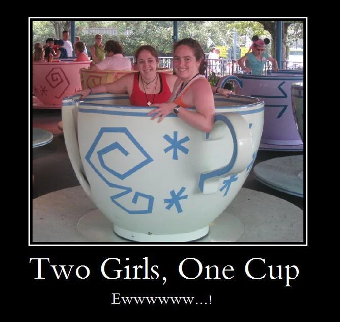Two Girls One Cup — Two women posing inside oversized decorative teacup at amusement park.
