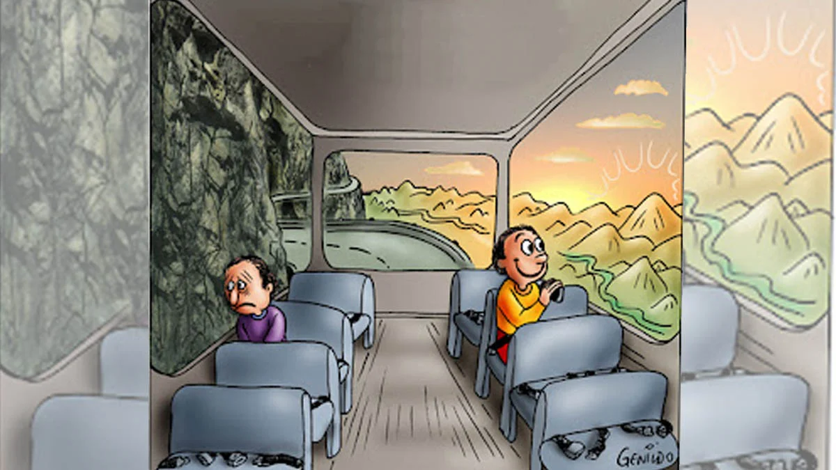 Two Guys On A Bus — Cartoon of two cartoon men on a bus, one sad facing a dark cliff and one happy facing a bright sunset landscape.