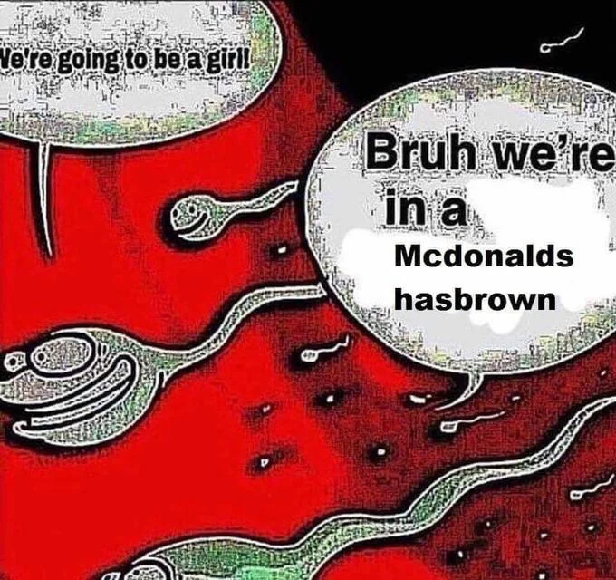 Two Sperm Cells Talking — Deep-fried sperm cells meme with McDonald's hash brown punchline