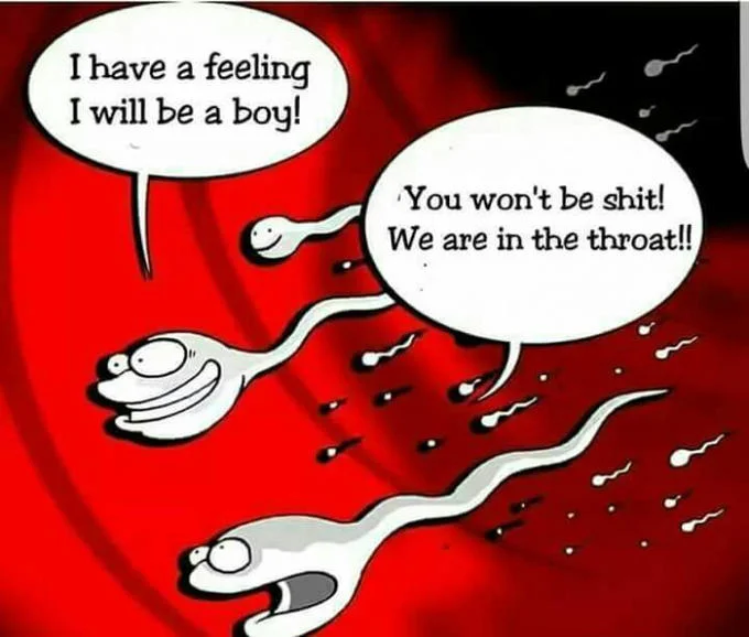 Two Sperm Cells Talking — Black-and-white cartoon of sperm cells on a red background with throat punchline dialogue