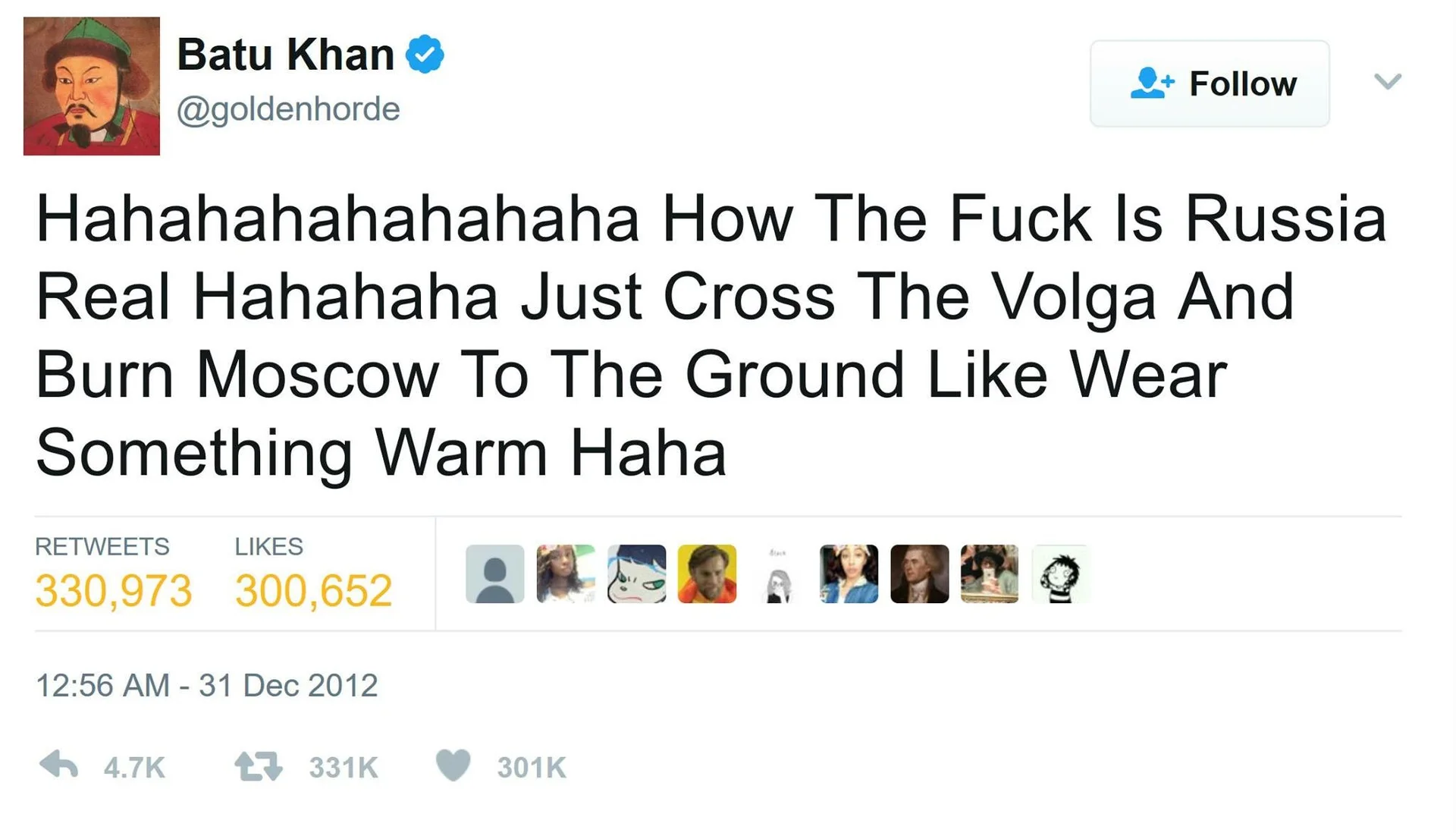 Tyler, The Creator's Cyber-Bullying Tweet — Fake Batu Khan tweet mocking Russia in the format of Tyler, The Creator's cyberbullying tweet.