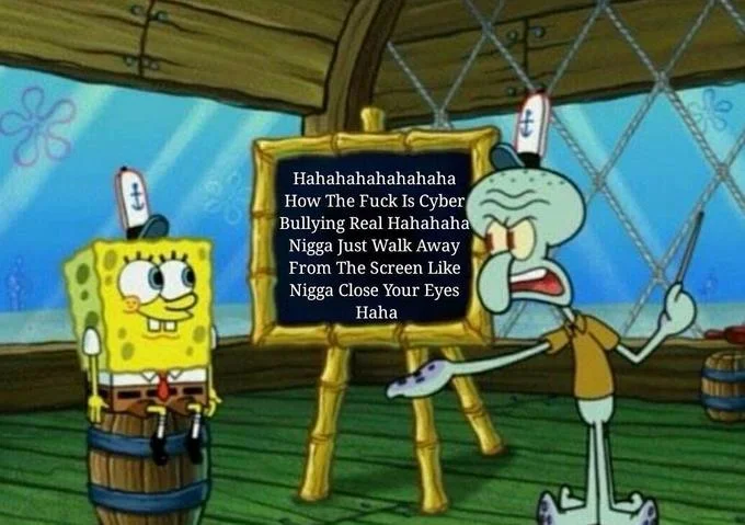 Tyler, The Creator's Cyber-Bullying Tweet — SpongeBob and Squidward with chalkboard showing the cyberbullying tweet text.