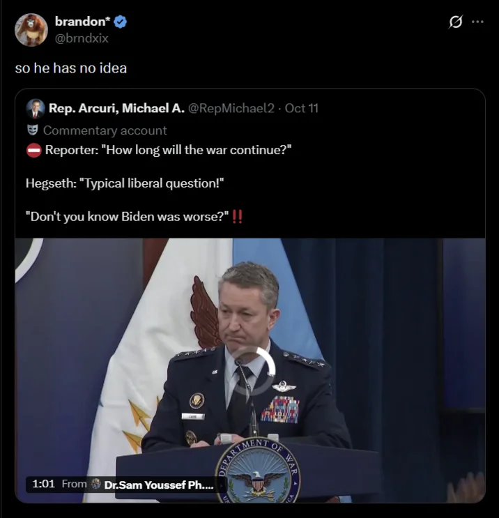 Tweet by brandon reading 'so he has no idea' quote-tweeting the Hegseth typical liberal question exchange