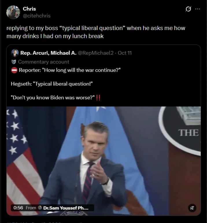 Tweet joking about dodging a boss's drinking question with 'typical liberal question'