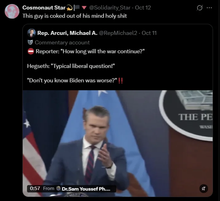 Typical Liberal Question — Tweet accusing Hegseth of being 'coked out of his mind' over Pentagon podium thumbnail