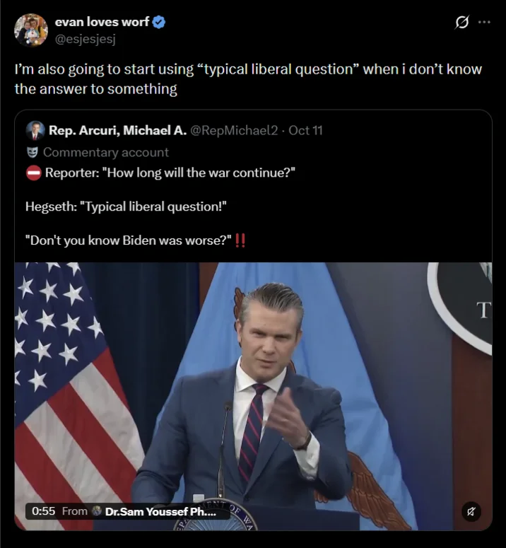 Tweet joking about using 'typical liberal question' as a universal non-answer, with Hegseth podium thumbnail