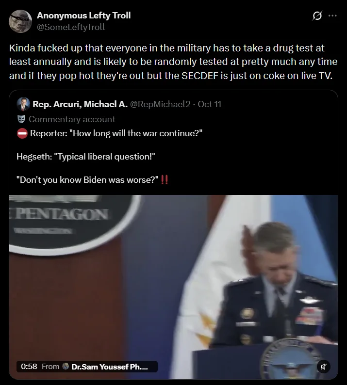 Typical Liberal Question — Tweet contrasting military drug testing rules with SECDEF's on-air behavior, over Pentagon podium thumbnail
