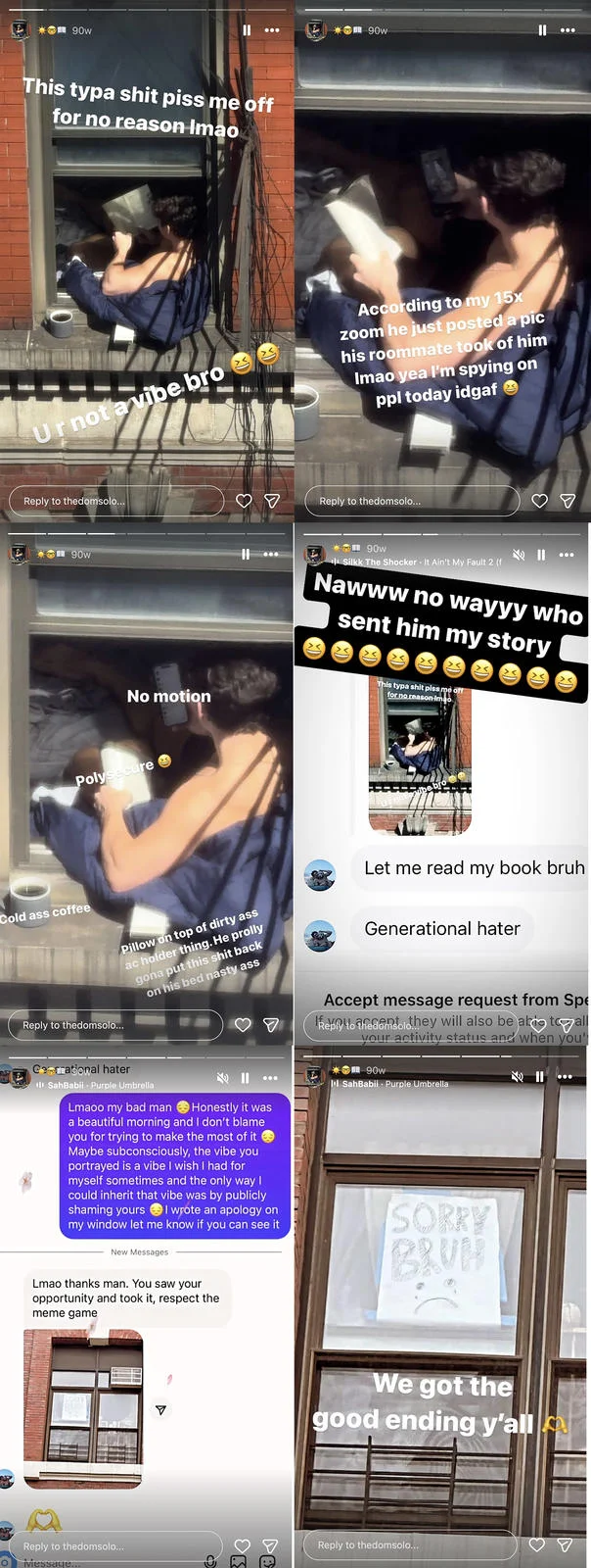U R Not a Vibe Bro — Six-panel compilation of Instagram stories showing the full viral exchange, apology, and resolution of the vibe bro meme.