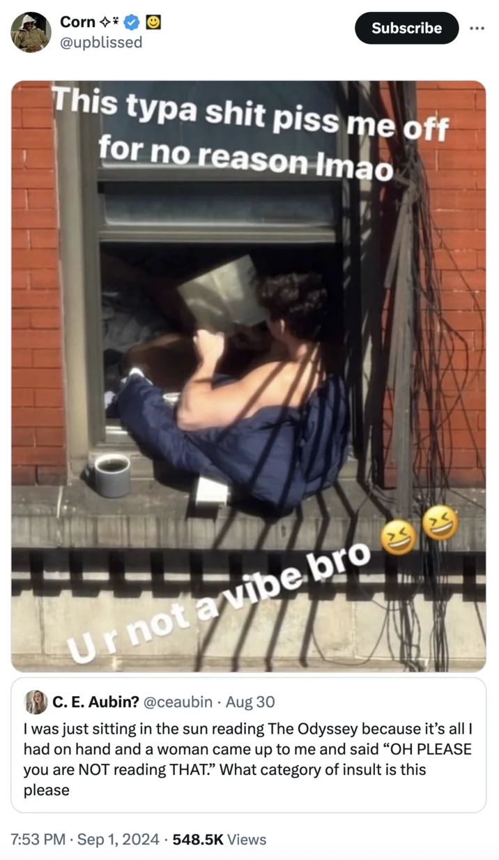 U R Not a Vibe Bro — Twitter screenshot of @upblissed sharing the vibe bro meme in response to a tweet about being insulted for reading The Odyssey.