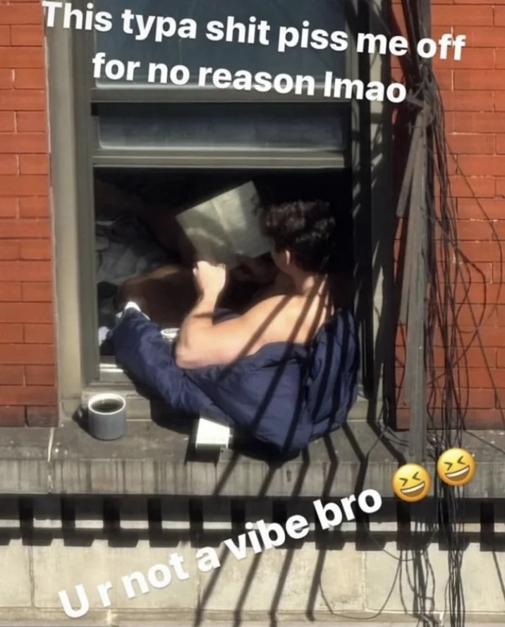 U R Not a Vibe Bro — Instagram story meme showing a man reading in a window with top and bottom caption text about not being a vibe.