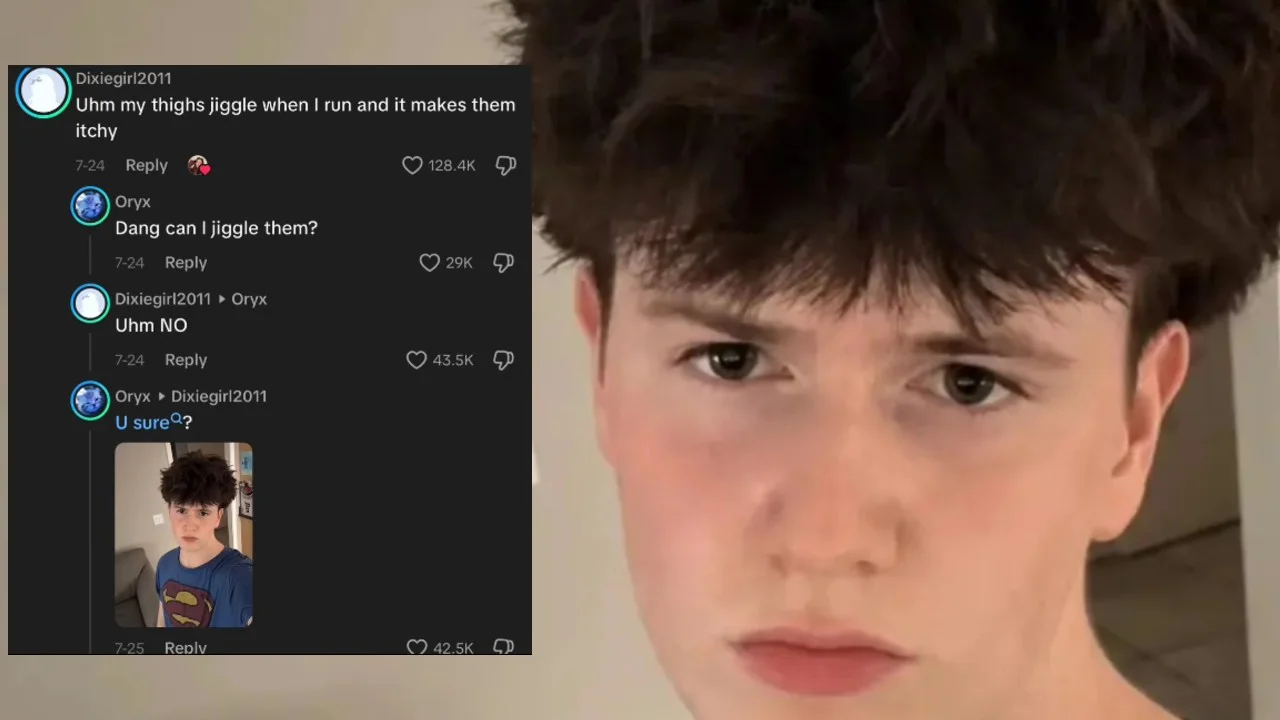 U Sure Kid — Split image of the 'U sure?' TikTok comment thread next to a close-up of a skeptical young man with messy hair