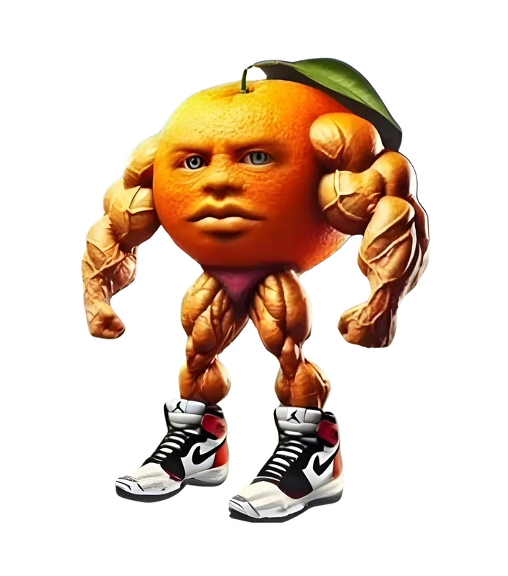 Udin Din Din Dun — Muscular AI-generated orange character with human face and Air Jordan sneakers