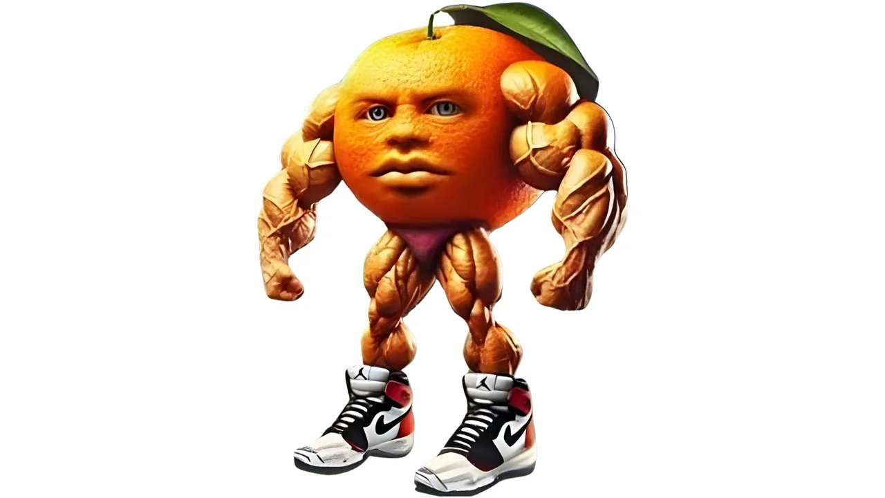 Udin Din Din Dun — Muscular orange character with human face and Air Jordan sneakers on white background