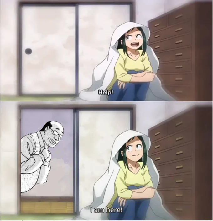 My Hero Academia Tsuyu Asui meme with ugly bastard character replacing All Might at the door.