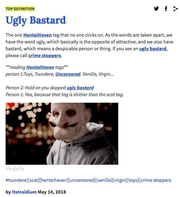Urban Dictionary top definition screenshot of 'Ugly Bastard' with a hoodied masked figure photo.