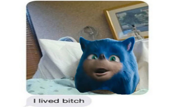 Snickers commercial style meme with ugly Sonic transforming into the redesigned Sonic after eating a candy bar