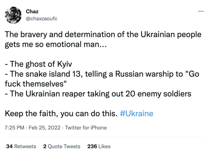 Tweet by Chaz praising Ukrainian bravery and listing the Ukrainian Reaper among war heroes