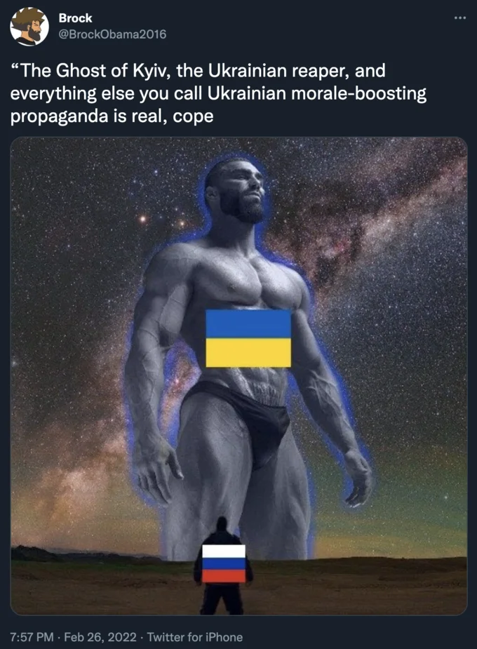 Tweet with Giga Chad meme in Ukrainian flag towering over Russian figure to represent the Ukrainian Reaper