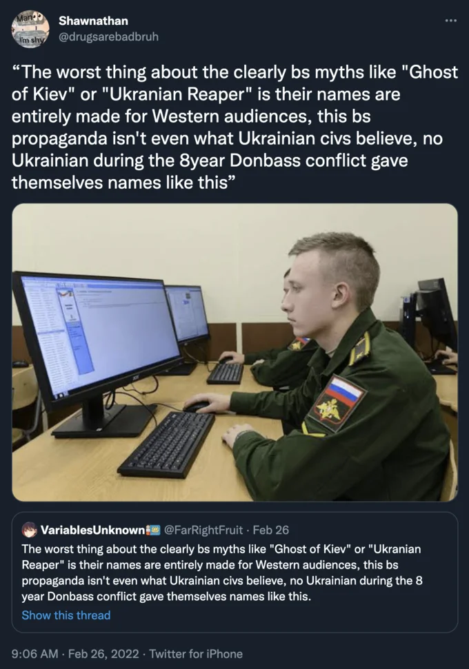 Tweet criticizing the Ukrainian Reaper as Western-oriented propaganda, with photo of Russian soldier at computer