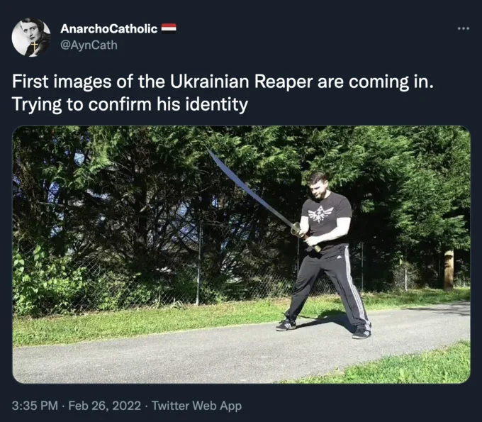 Joke tweet showing a man with a sword as the alleged Ukrainian Reaper