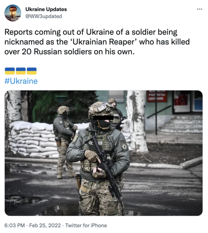 Twitter post from Ukraine Updates account reporting on the Ukrainian Reaper killing over 20 Russian soldiers