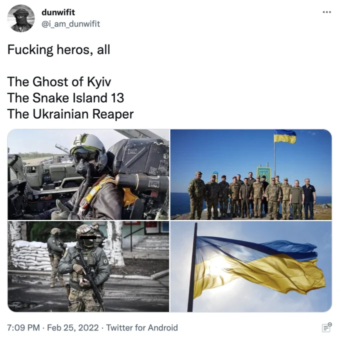 Tweet celebrating Ukrainian war heroes with four images including the Ukrainian Reaper photo