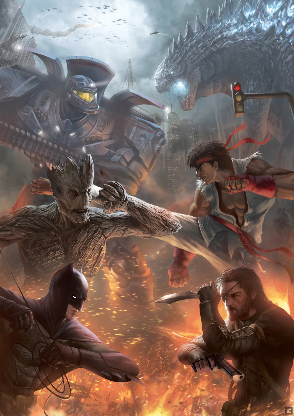 The Ultimate Showdown of Ultimate Destiny — Illustrated crossover battle with Godzilla, Batman, Groot, Ryu and other pop-culture characters