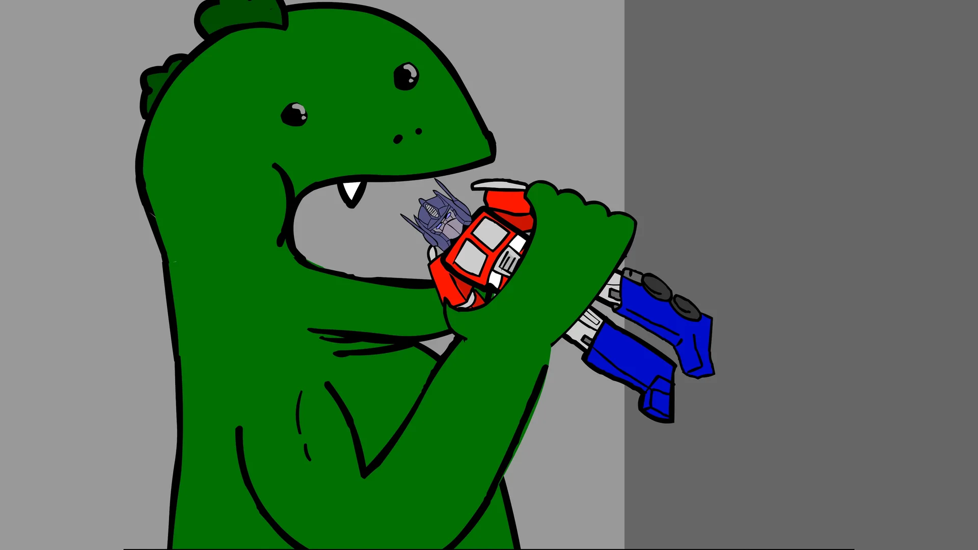 The Ultimate Showdown of Ultimate Destiny — Cartoon green Godzilla biting Optimus Prime in Ultimate Showdown of Ultimate Destiny animation