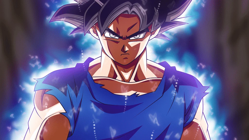 Ultra Instinct Remixes — Goku in Ultra Instinct form with silver hair and blue aura glowing around him