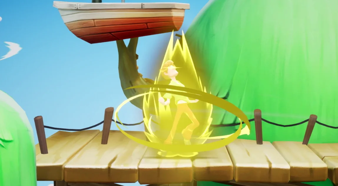 Ultra Instinct Shaggy — 3D-rendered Shaggy with yellow Super Saiyan aura on a dock lifting a boat