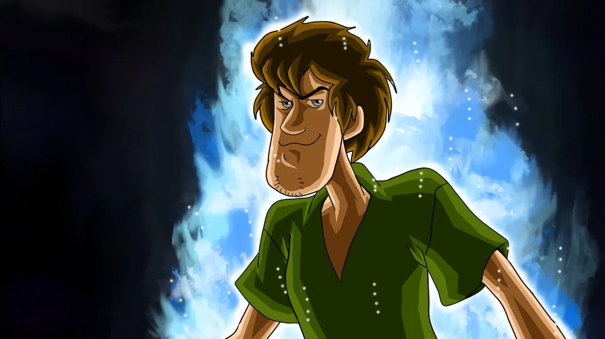 Ultra Instinct Shaggy — Shaggy from Scooby-Doo with a blue aura and intense expression, in Ultra Instinct pose