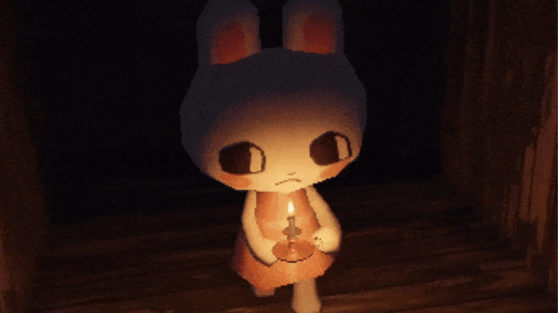 Umi Walking With A Candle — White rabbit character holding a candle in a dark corridor