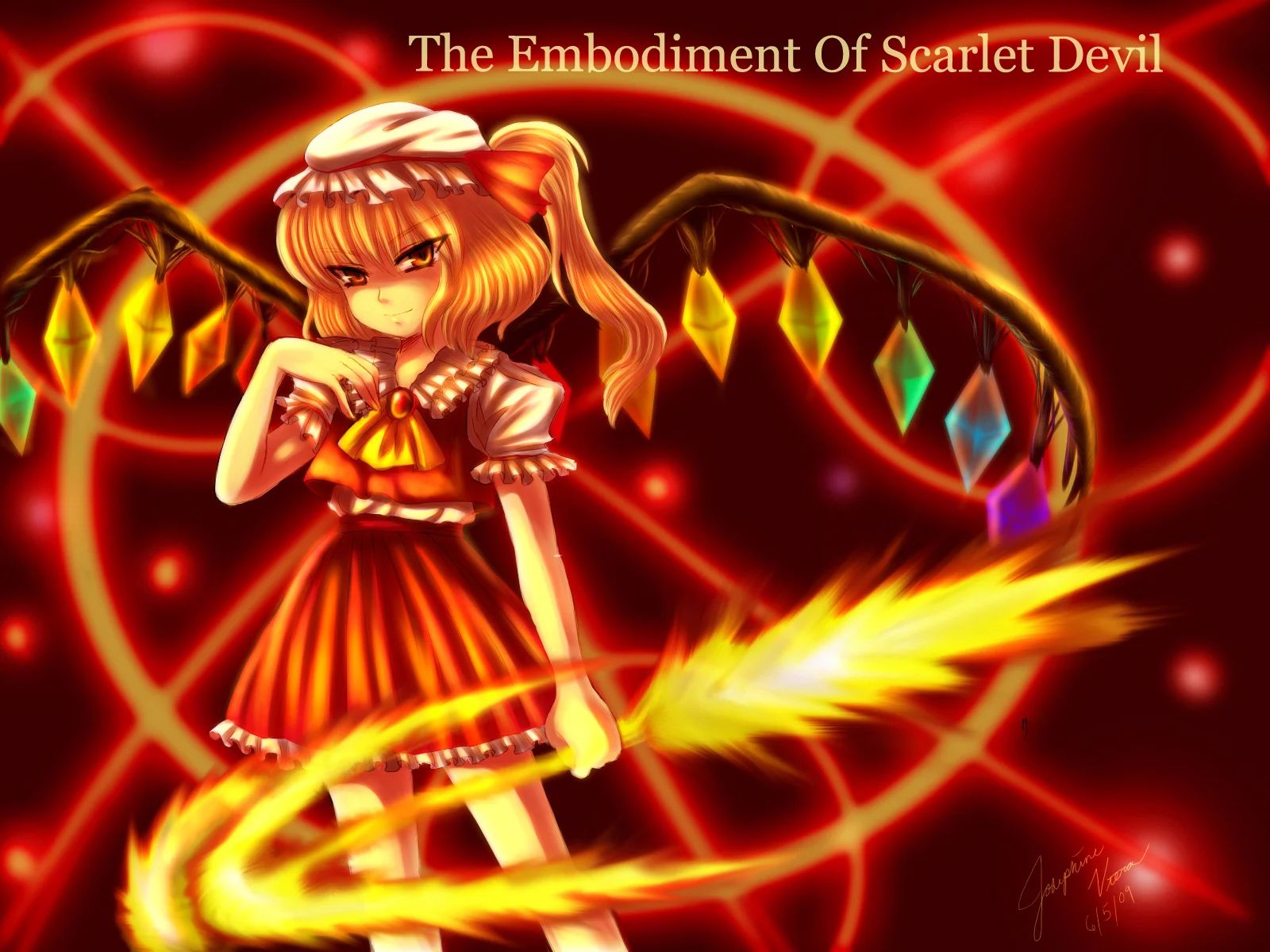 U.N. Owen Was Her? — Flandre Scarlet with giant key weapon beneath a blood moon