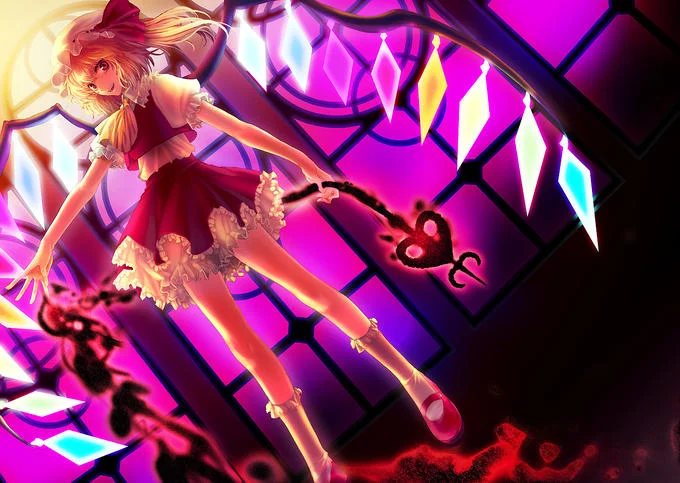 U.N. Owen Was Her? — Flandre Scarlet floating before a stained glass window with crystal wings
