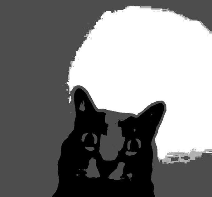 Uncanny Cat — Black and white stylized cat silhouette with creepy aesthetic against bright background