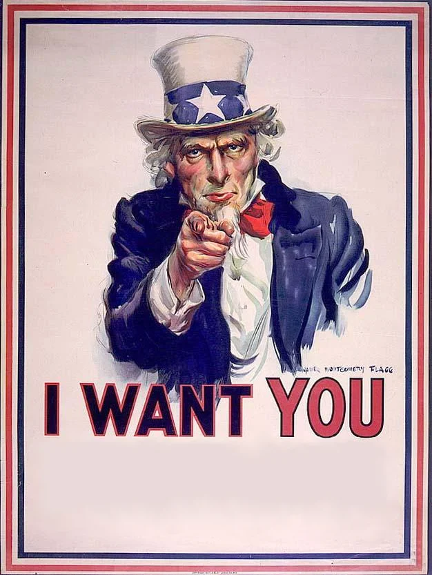 Uncle Sam's "I Want You" Poster — Uncle Sam I Want You poster with blank space below for custom text