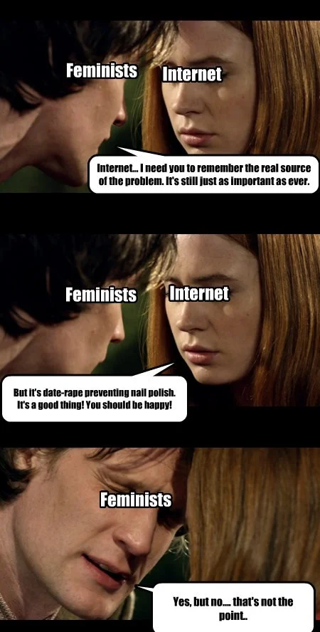 Undercover Colors — Three-panel Doctor Who meme depicting an argument between Feminists and the Internet about rape-prevention nail polish