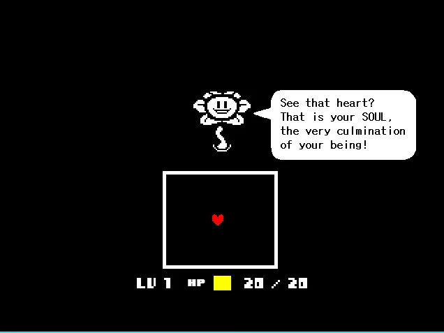 Flowey introducing the SOUL mechanic in Undertale with a text box and red heart