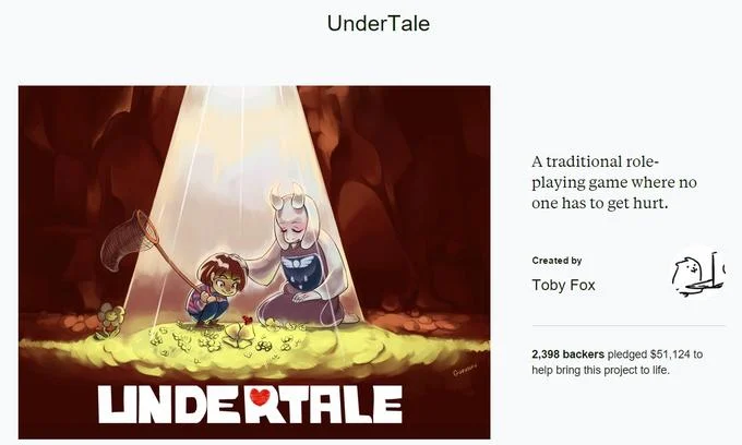 Undertale Kickstarter campaign page screenshot showing project details and backer stats
