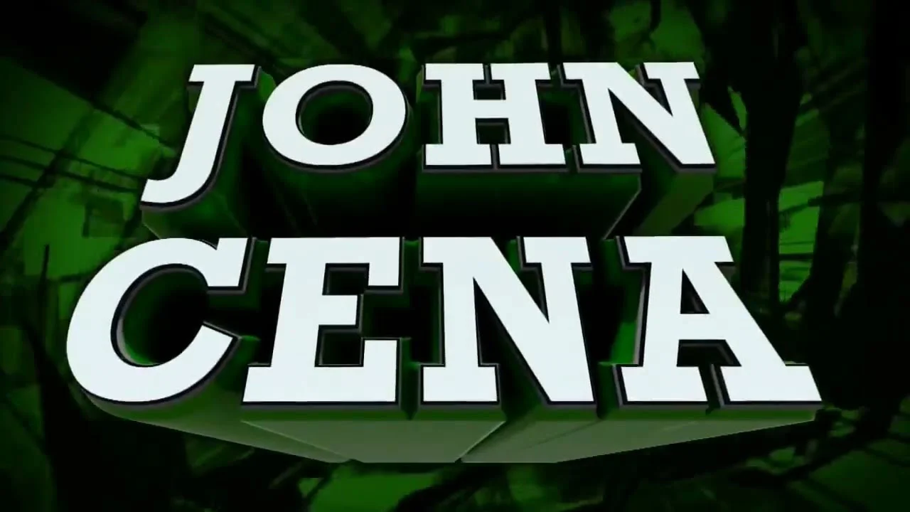 Unexpected John Cena — John Cena name title card with white block letters on green camouflage background