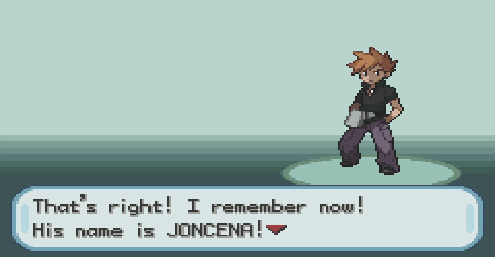 Unexpected John Cena — Pokemon rival Blue with dialog box saying 'His name is JONCENA!'