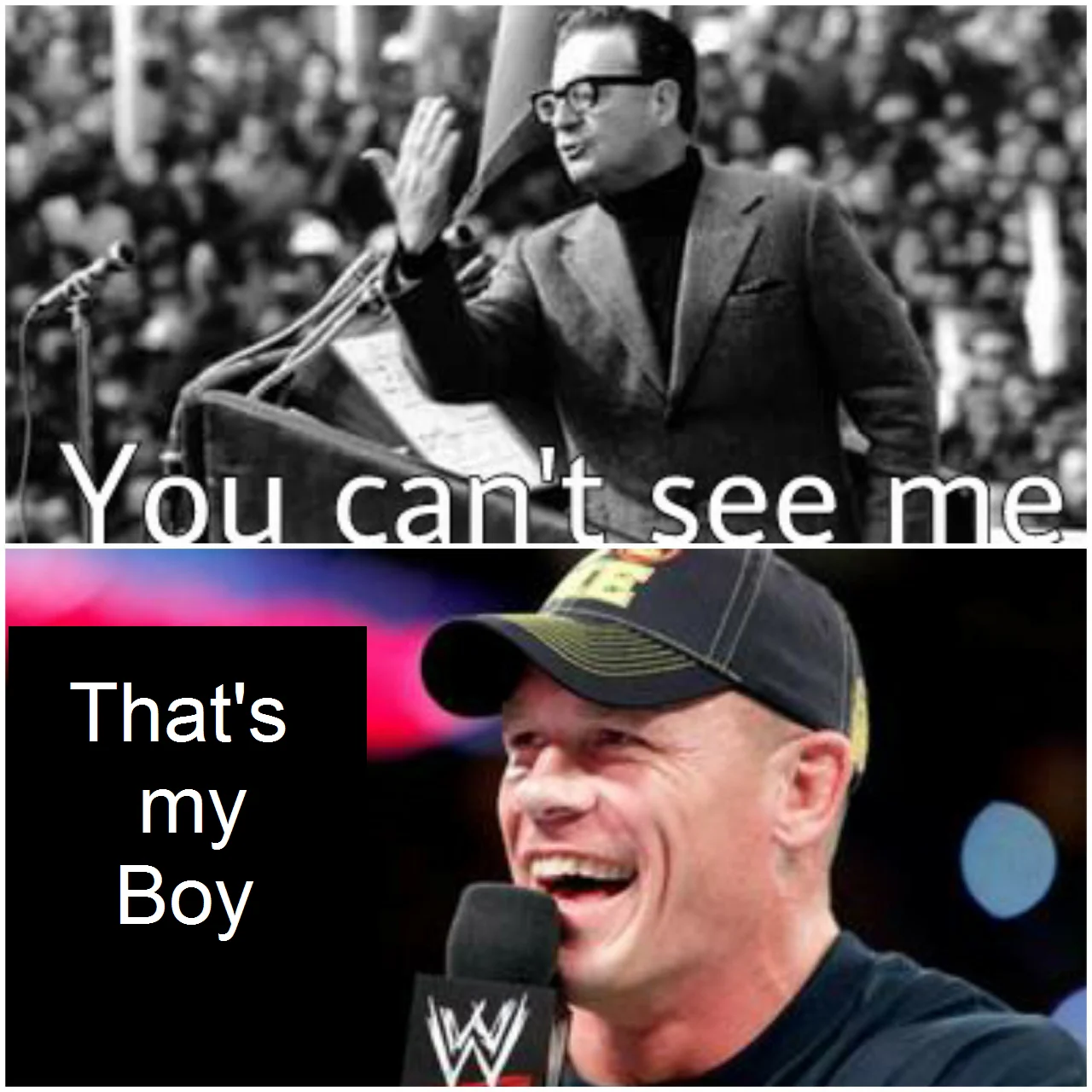 Unexpected John Cena — Two-panel meme with historical speaker 'You can't see me' above John Cena captioned 'That's my boy'
