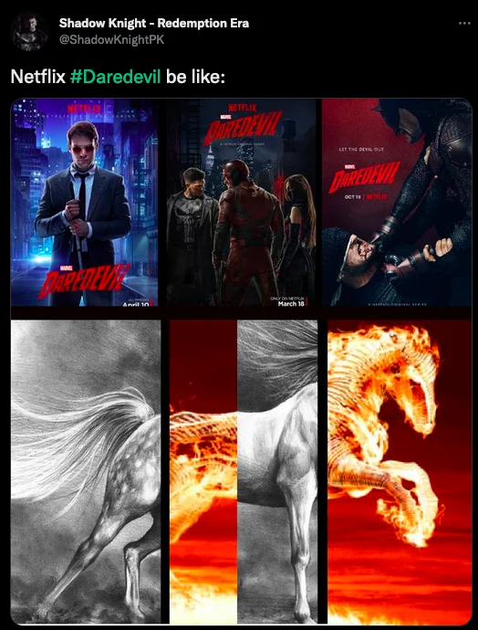 Unfinished Horse Drawing — Tweet comparing three Netflix Daredevil posters with three horses progressing from plain to fully flaming.