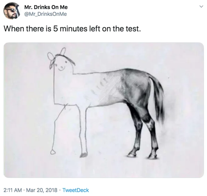 Tweet by Mr. Drinks On Me with the unfinished horse drawing captioned about having 5 minutes left on a test.