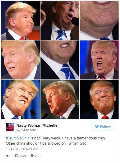 Unflattering Donald Trump — Grid of nine unflattering close-up Trump photographs.
